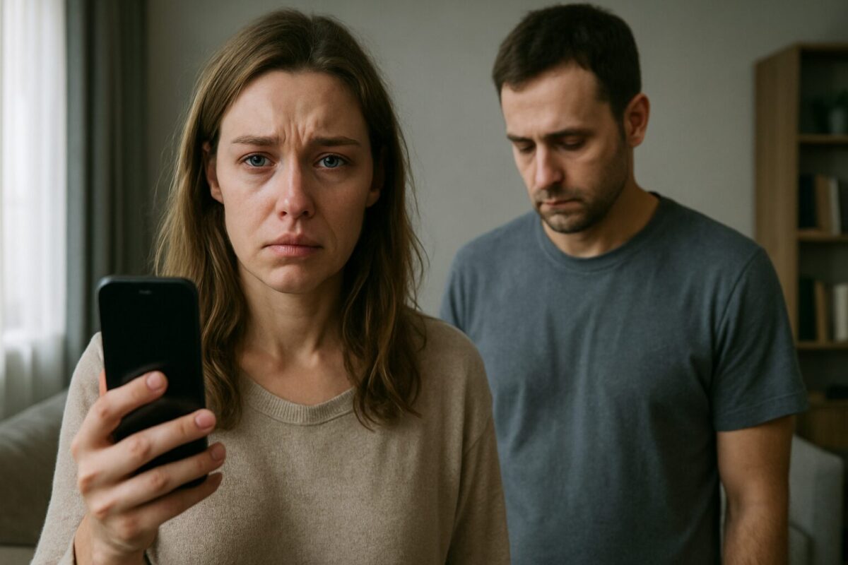Молодая женщина с русыми волосами и светлой кожей стоит на переднем плане, одета в домашнюю одежду, в руках держит смартфон, на глазах слёзы, лицо полно боли и недоверия. Позади неё — мужчина среднего роста с короткими тёмными волосами, в простой футболке, выглядит растерянно и виновато, взгляд опущен. В комнате ощущается напряжённая, холодная атмосфера, словно воздух стал плотнее от накалённых эмоций.