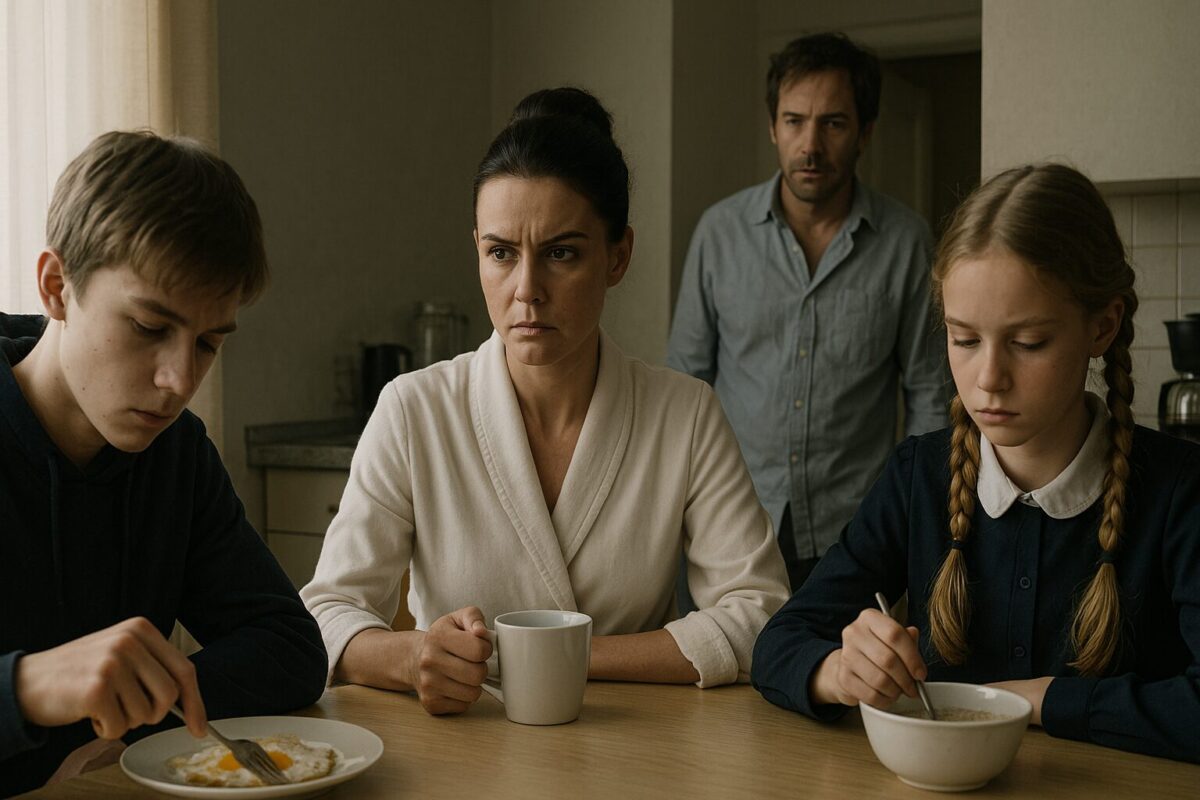 На фото напряжённая сцена на кухне: строгая женщина с чашкой кофе, подросток в спортивной одежде ковыряет яичницу, девочка с косичками задумчиво мешает кашу, на заднем плане стоит мужчина в мятой рубашке. Все персонажи напряжены, атмосфера тревожная, лица серьёзные, никто не смотрит друг на друга.