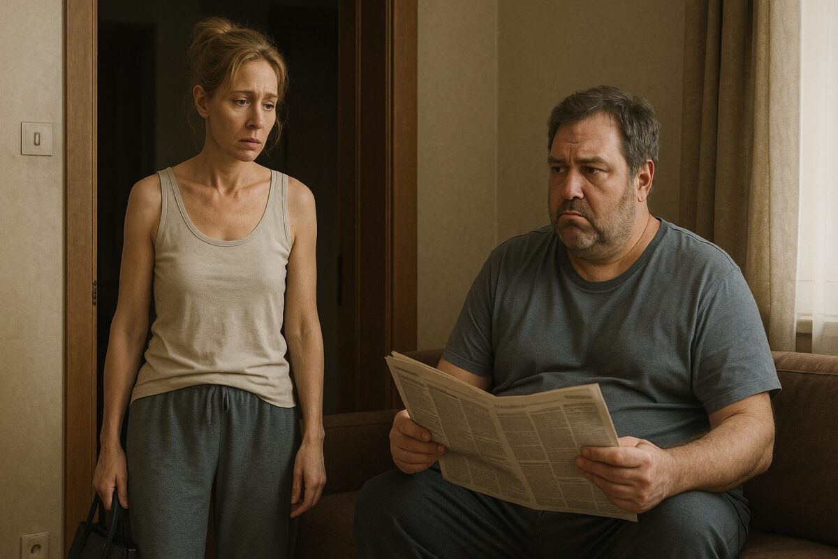 Худощавая женщина в домашней одежде стоит в дверях с сумочкой, на лице усталость и неуверенность. На диване сидит крупный небритый мужчина в футболке и трикотажных штанах, держит газету, смотрит страдальчески и требовательно. В комнате ощущается напряжение и обида, словно в их отношениях что-то надломилось.