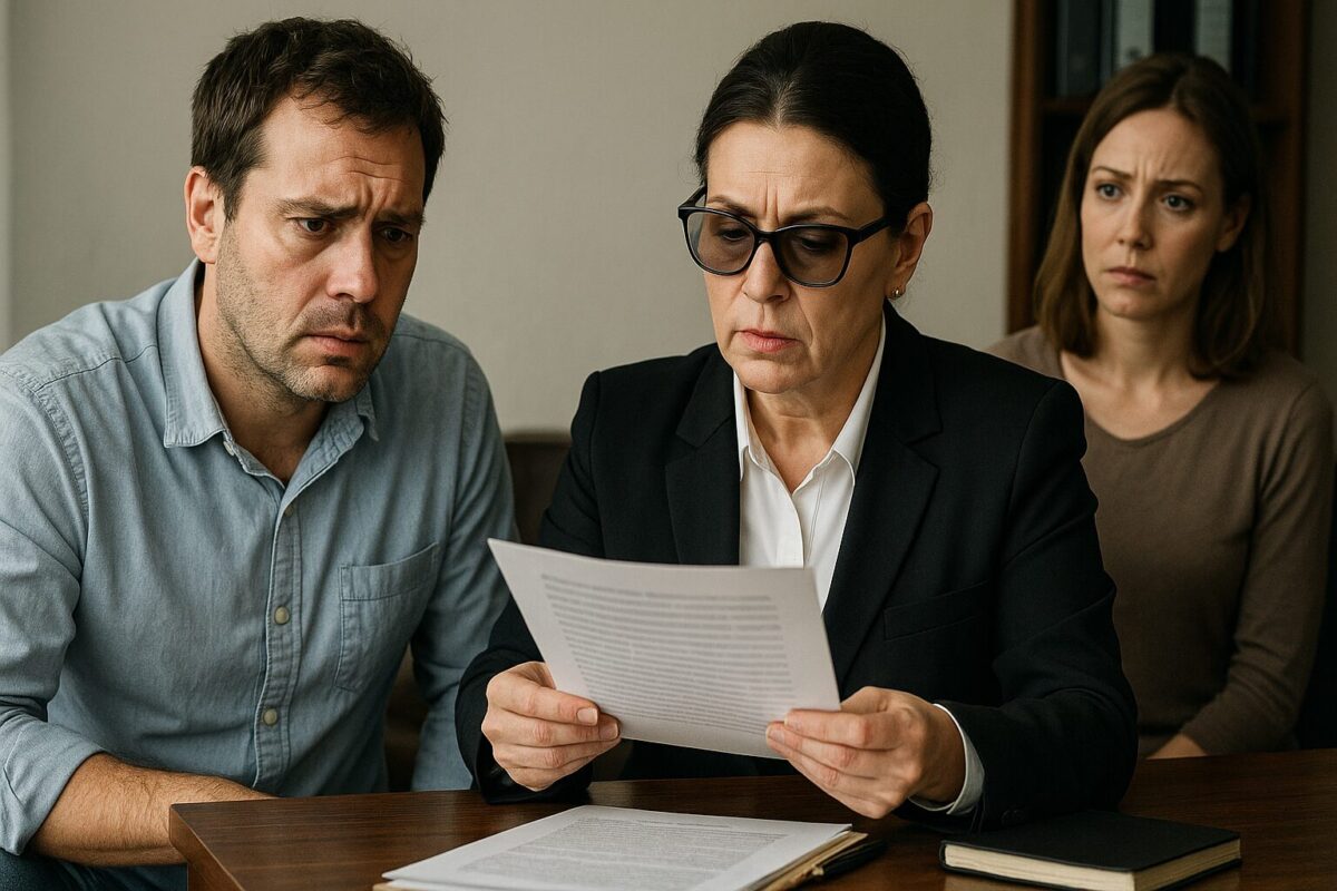 В офисе за столом сидит мужчина лет 38, небритый, в голубой рубашке, с растерянным и подавленным видом. Рядом с ним женщина-нотариус около 50 лет, в деловом костюме, с собранными в пучок волосами и в темных очках, зачитывает документ, сохраняя строгое и бесстрастное выражение лица. На заднем плане его жена — женщина около 35 лет, с русыми волосами до плеч, одетая сдержанно, внимательно и тревожно наблюдает за происходящим. Атмосфера сцены напряженная: в воздухе ощущаются шок, недоверие и ожидание.