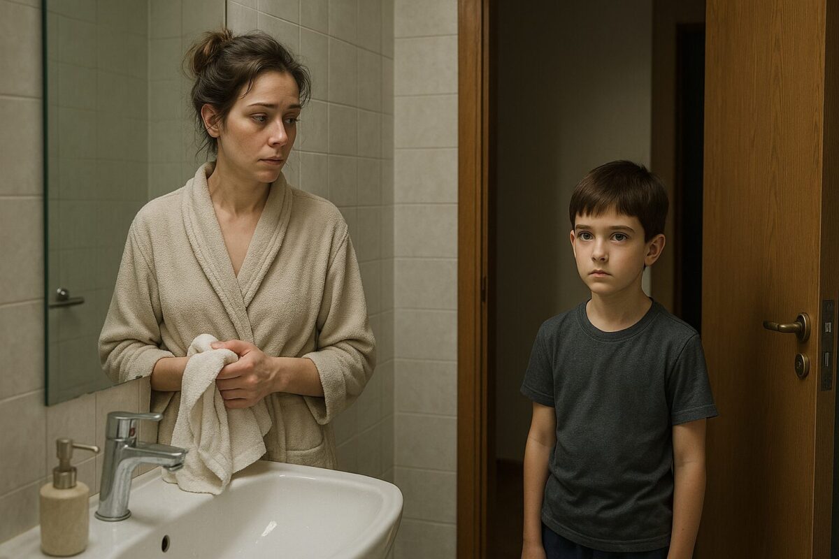 Ванная комната. Женщина лет 33, худощавая, с тёмными небрежно собранными волосами и усталым взглядом в халате стоит у зеркала, с полотенцем в руках. На пороге застыл мальчик 7 лет с короткими тёмными волосами и большими серыми глазами. Он смотрит на мать с детским недоумением. В атмосфере ощущается тревожная, напряжённая тишина, между героями — молчаливое напряжение и предчувствие перемен.