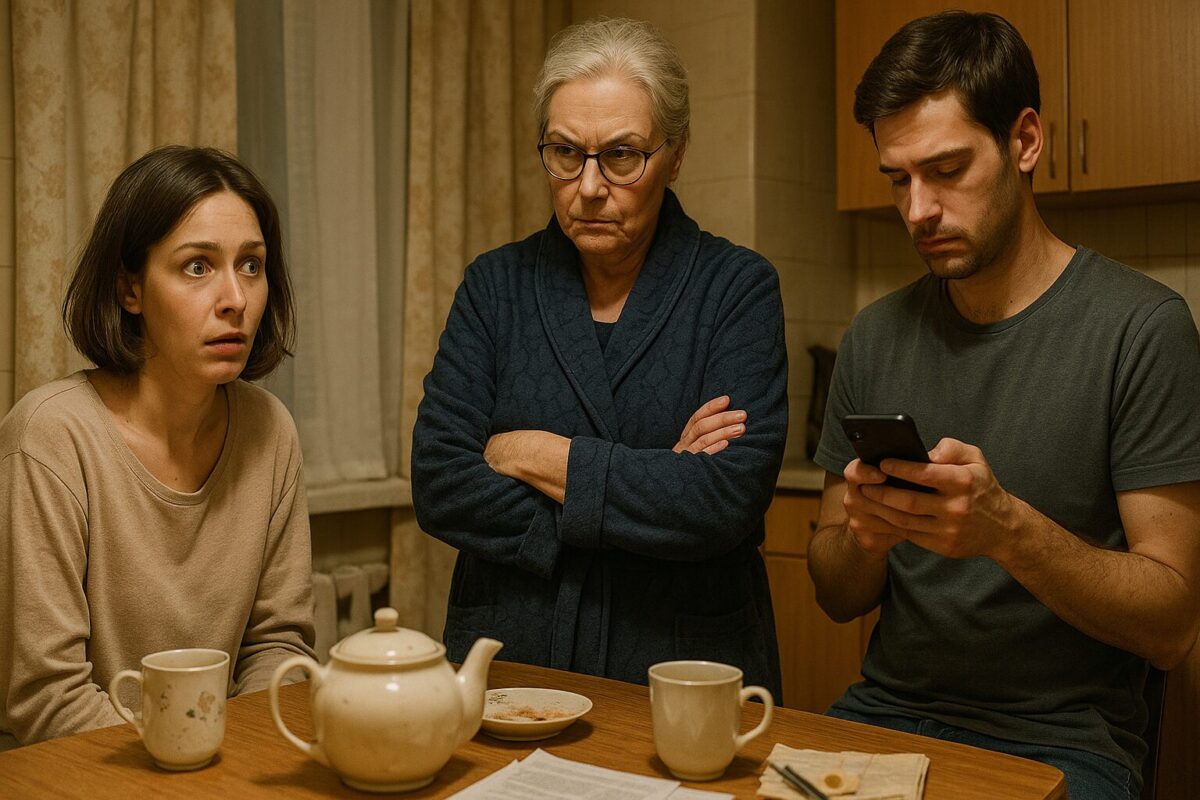 — Марина, женщина, 28 лет, худощавая, каре, одета по-домашнему, выглядит немного уставшей, но в глазах заметна живость и искорка. — Анна Васильевна, женщина, 65 лет, крепкая, с сединой, строгие черты лица, очки на носу, пронзительный взгляд, одета в уютный домашний халат. — Андрей, мужчина, около 30 лет, высокий, тёмные волосы, неуверенная поза, сидит за столом, смотрит в телефон, избегает зрительного контакта.