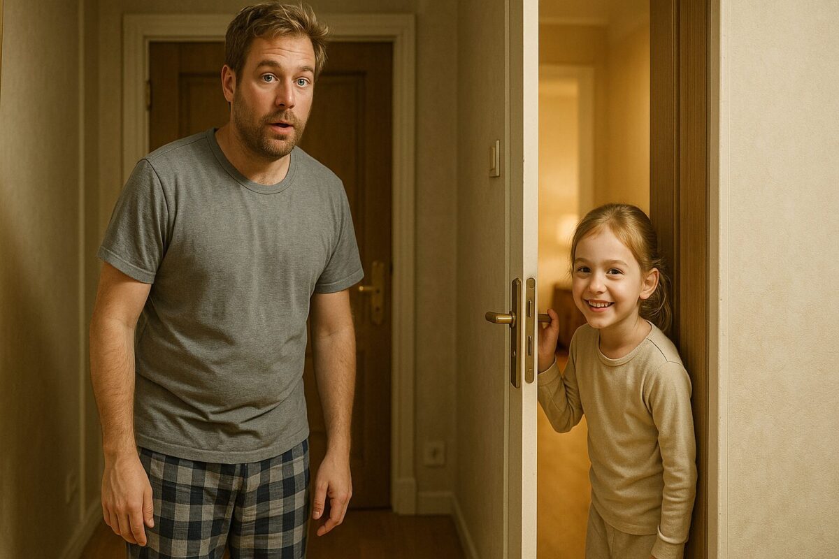 Alt: Утро в квартире. Мужчина 35 лет с растрёпанными светлыми волосами и небритым лицом, в пижаме и тапочках, с лёгким удивлением смотрит вперёд. Рядом из-за двери выглядывает девочка 7 лет с русыми волосами, собранными в хвостик, в домашнем костюме, она широко улыбается. Атмосфера — тёплая, домашняя, наполненная ожиданием приятного дня.