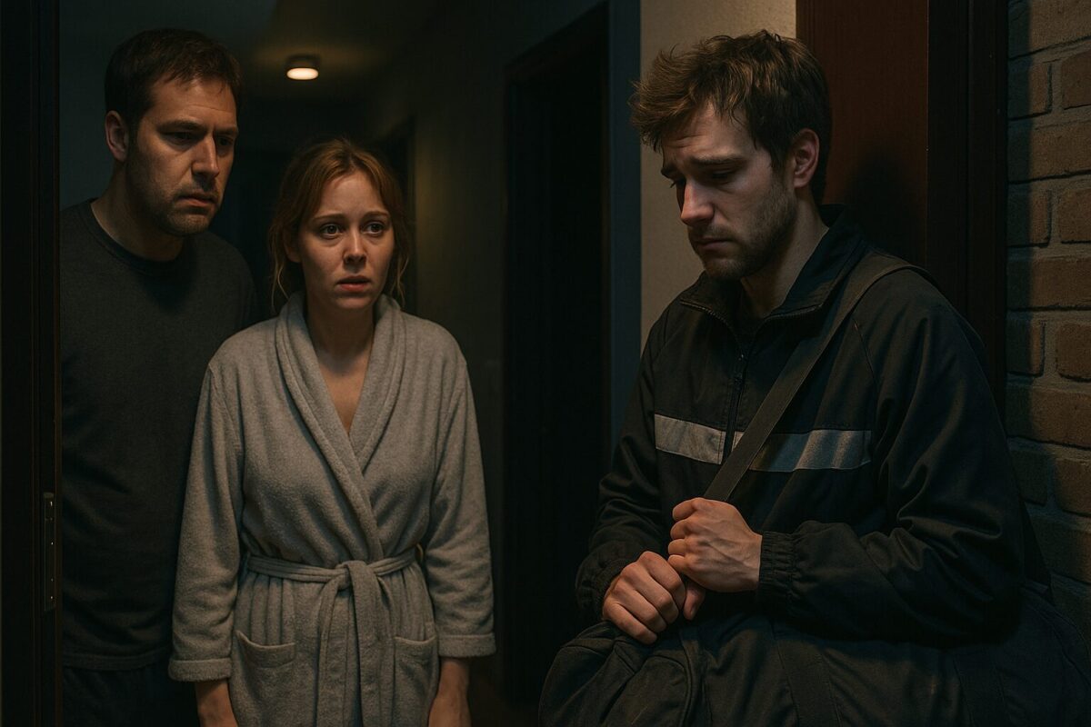 В полумраке ночного коридора на пороге квартиры стоит молодой мужчина с растрёпанными волосами, в спортивной куртке, с большим баулом через плечо; его лицо печальное и потерянное. В дверях ему навстречу смотрят мужчина с тёмными волосами в домашней одежде и женщина в халате с русыми волосами, оба встревожены, у них усталые, настороженные лица. Атмосфера напряжённая и тревожная, на всех ощущается растерянность.