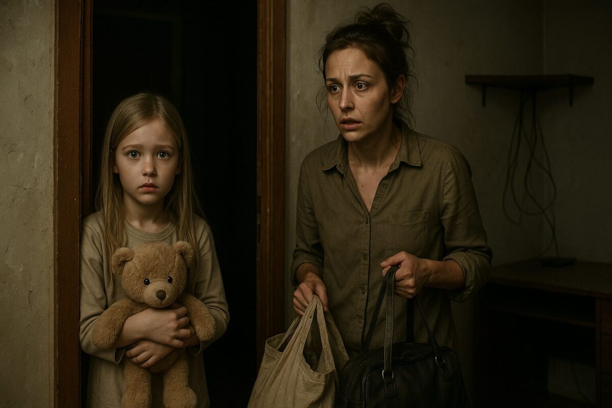 На изображении — девочка 7 лет с большими испуганными глазами, светлыми волосами, стоит в дверях и крепко держит в руках плюшевого медведя. Рядом у входа в комнату усталая женщина около 32 лет с растрёпанными волосами, в одной руке сумки, взгляд тревожный и растерянный. В комнате приглушённый свет, на столе заметны висящие провода от отсутствующего компьютера. Атмосфера напряжённая, лица персонажей передают шок и растерянность.