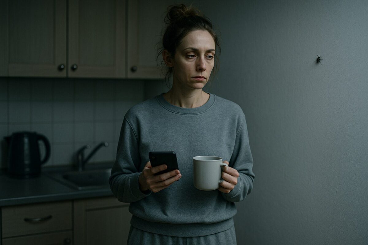 На фотографии — женщина около 35 лет с худощавым лицом и русыми волосами, собранными в небрежный пучок. Она стоит на кухне в сером свитшоте и брюках, в одной руке держит чашку, в другой — телефон. Её взгляд пустой и отрешённый, лицо усталое. На стене за её плечом ползёт муха. Атмосфера холодная и тревожная, свет приглушённый, в комнате ощущение застывшего времени.