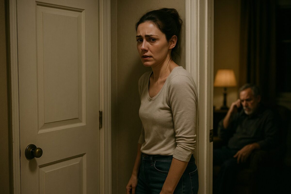 — Марина: женщина, около 35 лет, стройная, тёмные волосы собраны в пучок, одета в светлую кофточку и джинсы. Лицо тревожное, на грани слёз. — Борис Иванович: мужчина 60+, с проседью, частично виден на заднем плане в кресле, говорит по телефону, выражение лица хмурое, сосредоточенное. Эмоции: Атмосфера напряжённая, гнетущая. Момент внутреннего потрясения и осознания предательства.