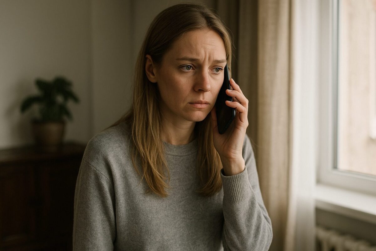 Анна — женщина, около 30 лет, стройная, светло-русые волосы, без макияжа, в сером свитере и джинсах. Вид уставший, собранный. Кирилл — мужчина, около 40 лет, показан опосредованно — в виде изображения на экране смартфона или силуэта.