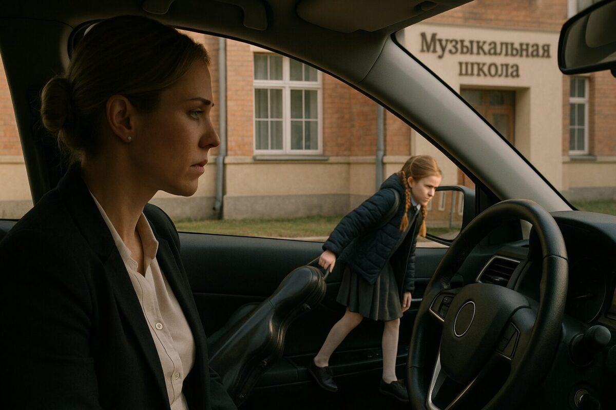 Женщина в деловой одежде сидит за рулём автомобиля и с тревогой наблюдает, как девочка в школьной форме с двумя косичками тянет тяжёлый футляр с виолончелью к зданию с надписью «Музыкальная школа».