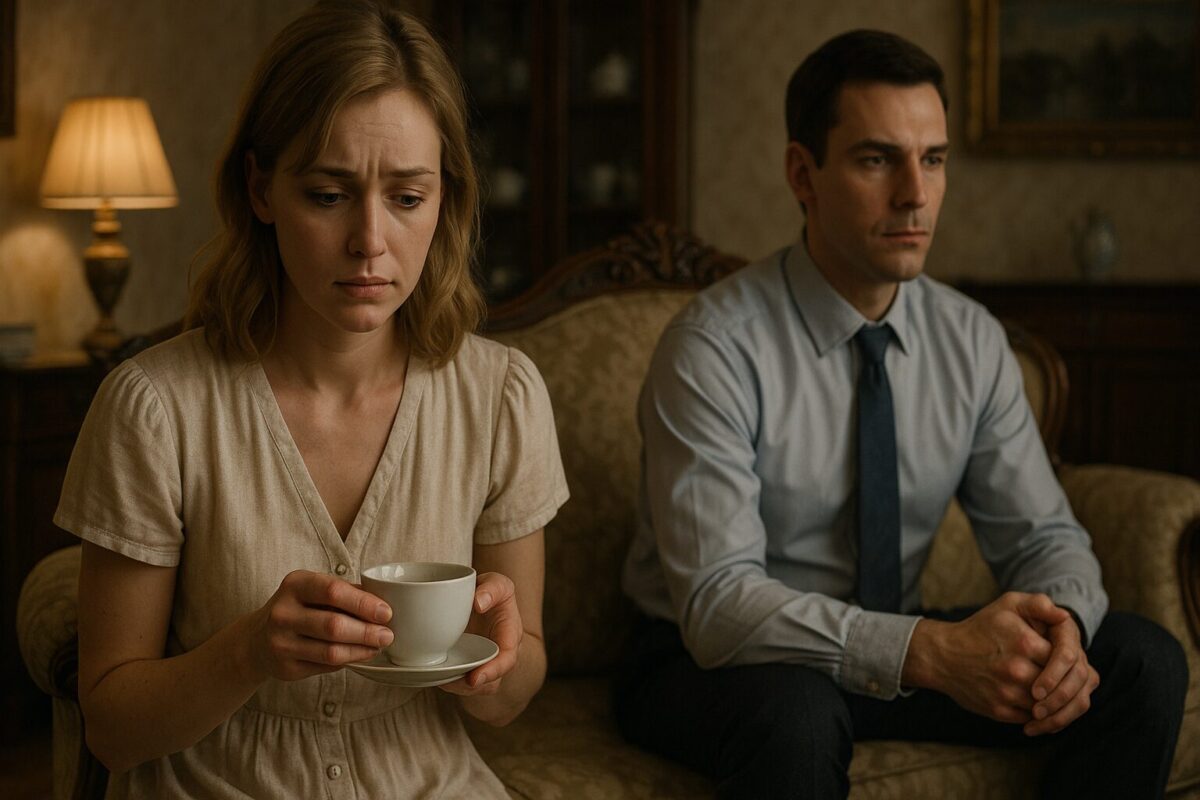 Молодая женщина в светлом платье держит чашку кофе, её пальцы слегка дрожат. Рядом на диване сидит мужчина в строгой рубашке и галстуке, сосредоточенно смотрит в сторону. Обстановка — дорогая гостиная с антикварной мебелью и тёплым светом торшера. Атмосфера напряжённая, ощущается тревога и внутренний конфликт между героями.