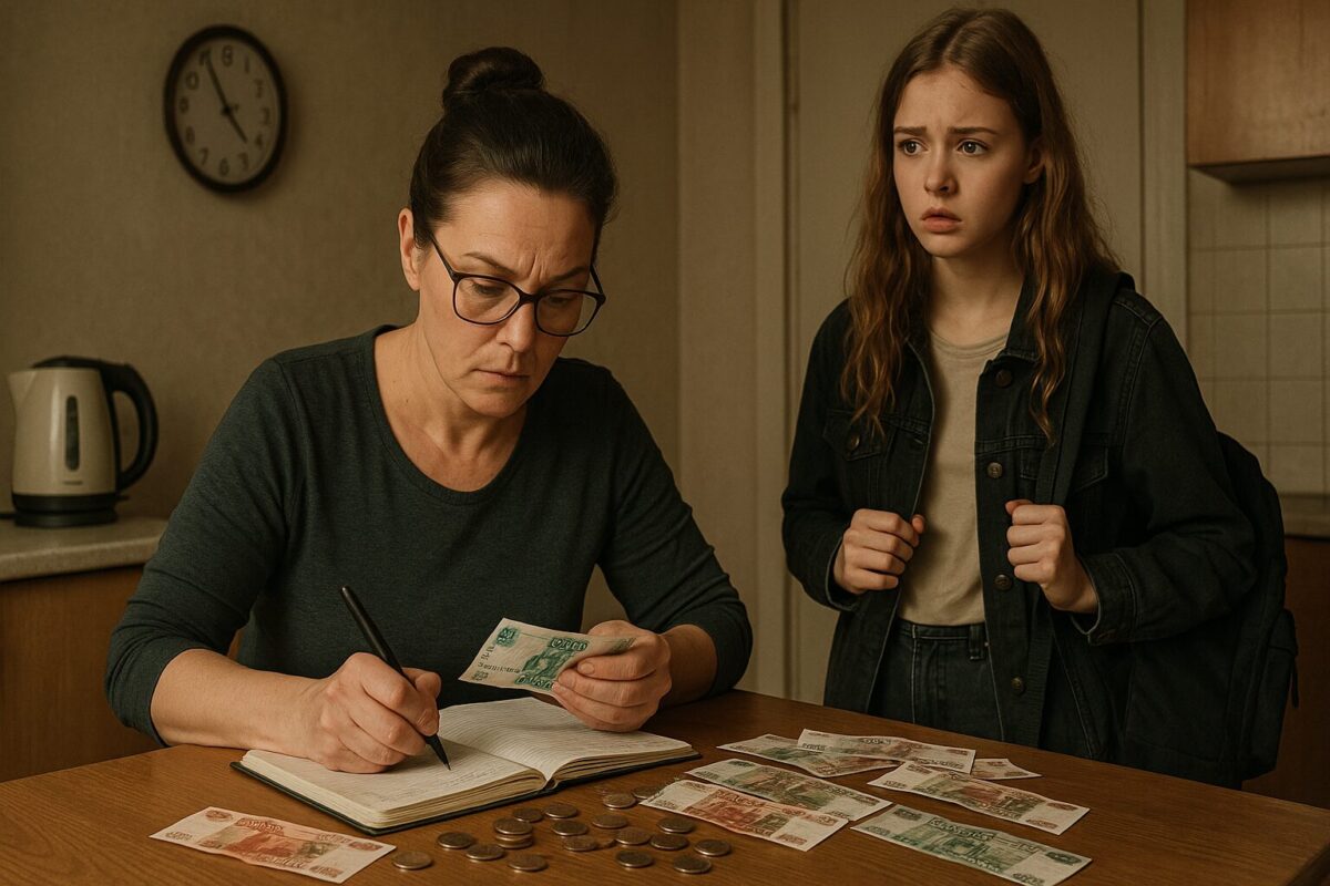 Марина сосредоточенно пересчитывает российские рубли за кухонным столом, делая записи в тетради. Перед ней — разложенные купюры и монеты. Рядом стоит Катя с рюкзаком, обеспокоенно наблюдая за происходящим. Атмосфера в комнате напряжённая, свет дневной, на заднем плане — чайник и настенные часы.