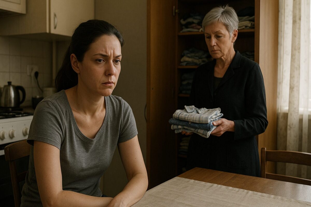 Марина, уставшая молодая женщина в домашней одежде, сидит за кухонным столом с напряжённым выражением лица. Позади неё её свекровь, женщина пожилого возраста в строгой одежде, перебирает аккуратно сложенные детские вещи у открытого шкафа. Атмосфера в комнате напряжённая, чувствуется скрытый конфликт.