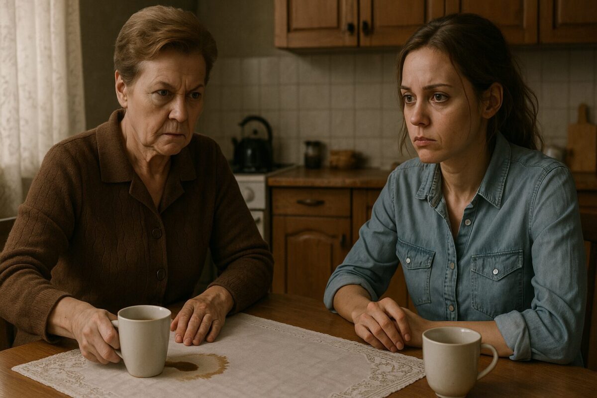 На кухне за столом сидят две женщины — пожилая в кофейной кофте с раздражённым выражением лица, и молодая в джинсовой рубашке с усталым, сдержанным взглядом. На скатерти пятно от пролитого кофе. Атмосфера напряжённая, между ними ощущается конфликт поколений.
