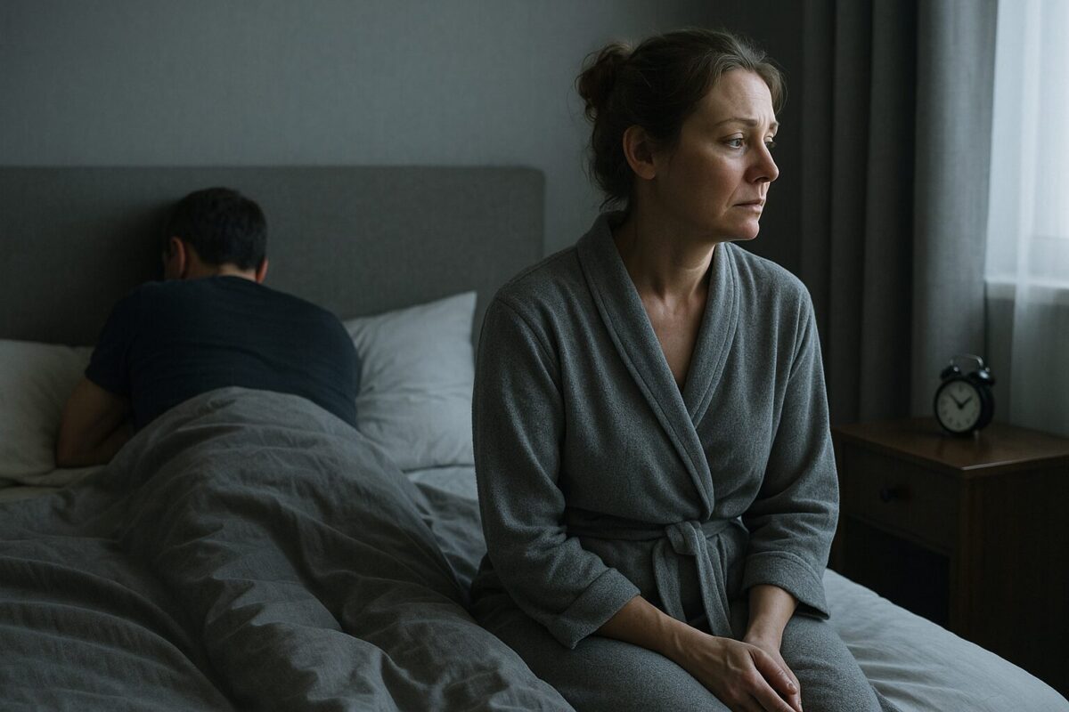 Женщина в сером халате сидит на краю кровати и смотрит в окно, мужчина лежит спиной к ней, между ними дистанция; атмосфера отчуждения и грусти в тусклом утреннем свете. На тумбочке будильник, стены серые.