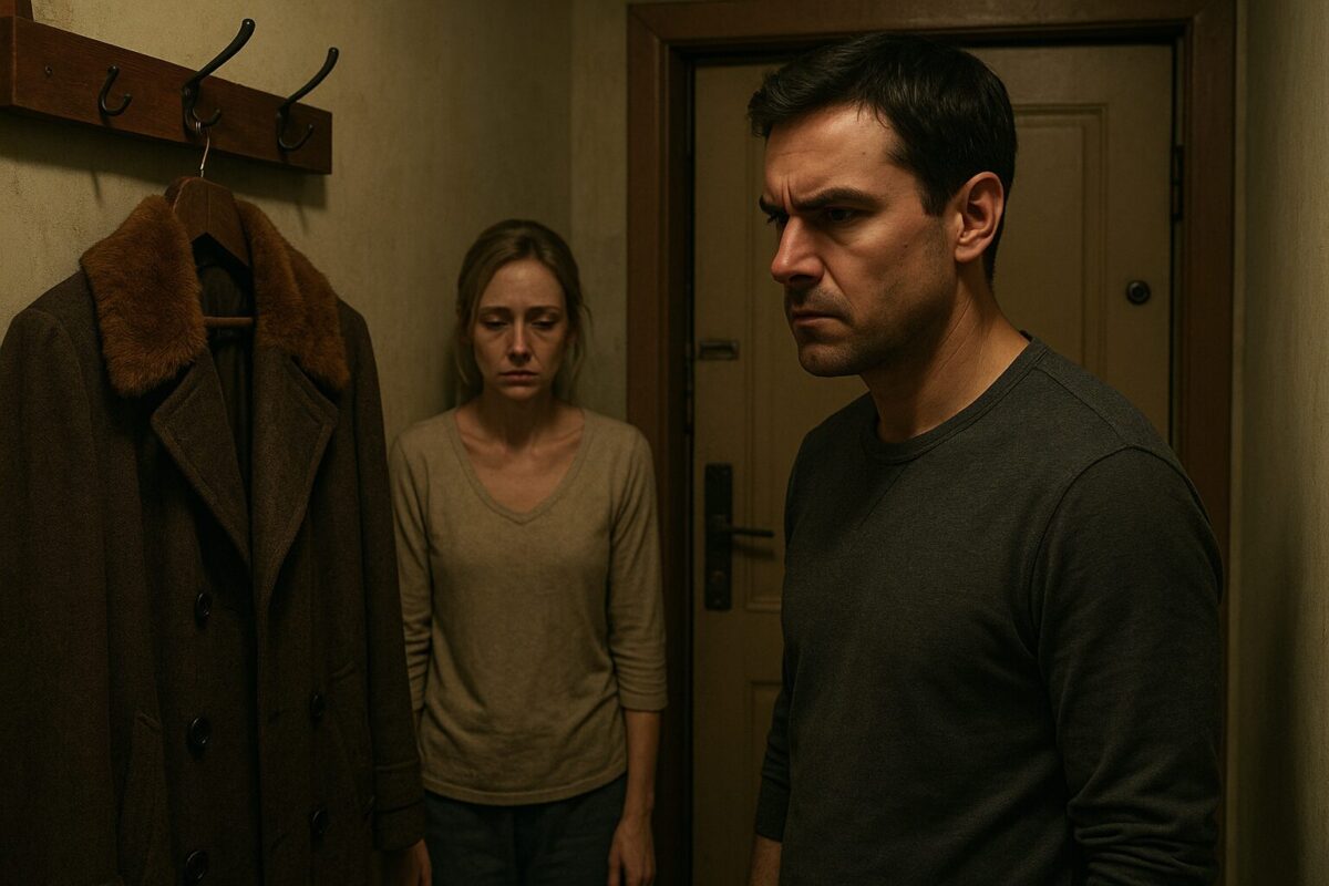 В узкой прихожей мужчина с настороженным взглядом стоит напротив вешалки с висящим пальто с лисьим воротником, за его спиной из кухни выглядывает женщина с виноватым выражением лица.