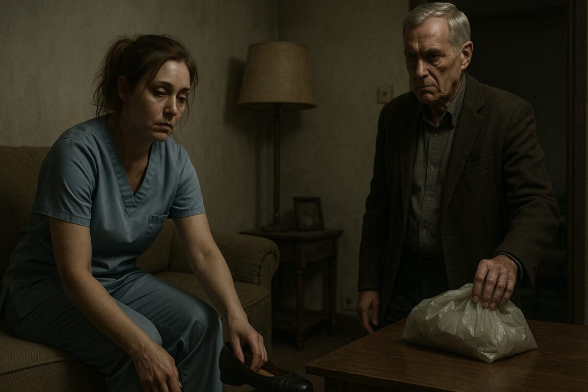 Уставшая женщина в медицинской форме сидит на диване и снимает туфли, в то время как пожилой мужчина с осуждающим выражением лица стоит рядом и отодвигает пакет на столе. Обстановка тусклая и давящая, создающая атмосферу напряжения и усталости.