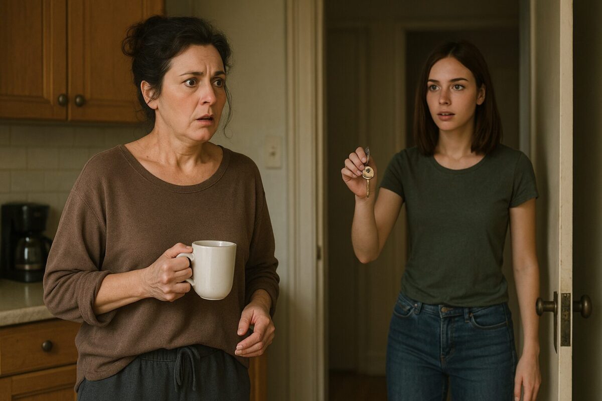 На кухне стоит женщина в домашней кофте с чашкой кофе в руках, с выражением замешательства. В дверях стоит молодая девушка в футболке и джинсах, держа связку ключей с маленьким латунным ключом, глядя на женщину с любопытством. Атмосфера тревожная и напряжённая.