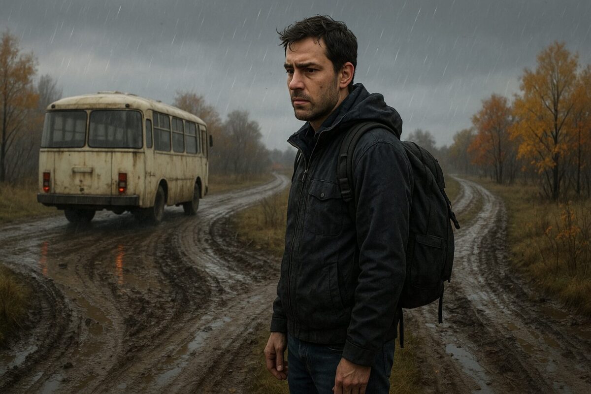 Мужчина в тёмной куртке с рюкзаком стоит на развилке грязной просёлочной дороги под моросящим осенним дождём. На заднем плане — отъезжающий облупленный автобус и деревья с жёлто-красной листвой. Атмосфера одиночества и тревожного ожидания.