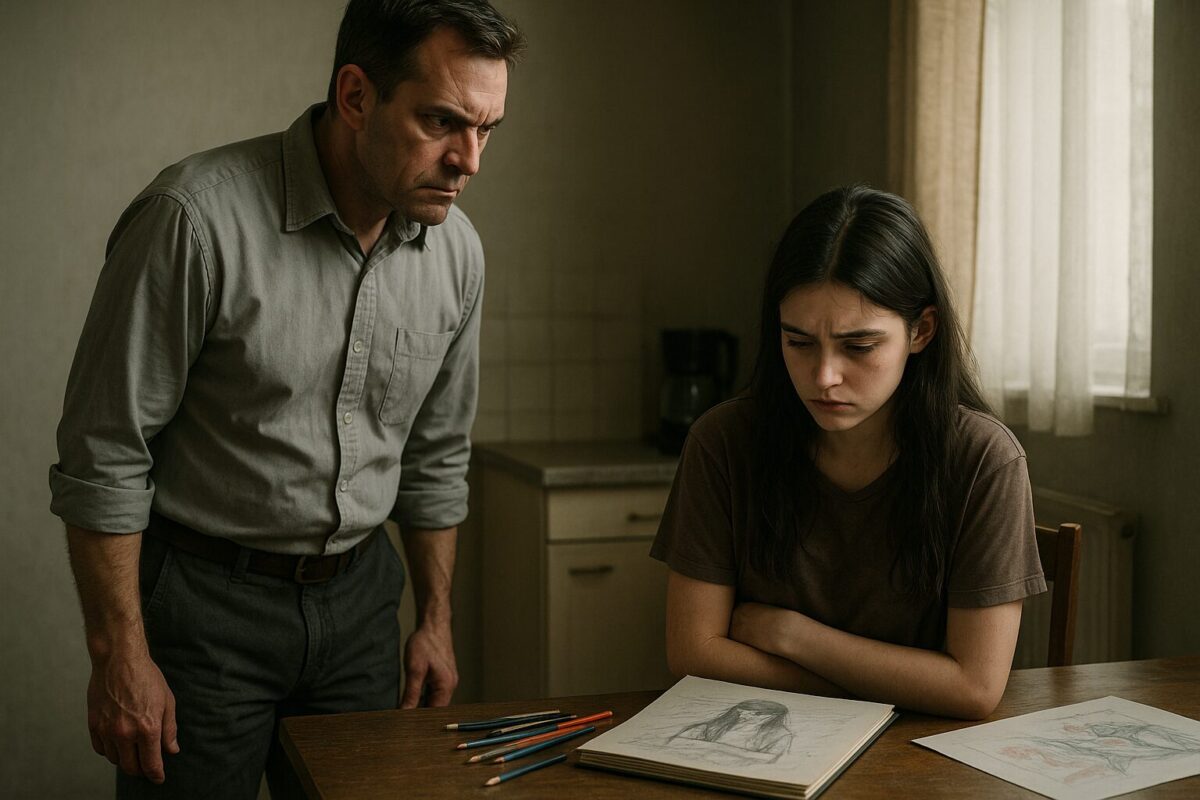 В мрачной кухне мужчина строго смотрит на девочку-подростка, сидящую с опущенным взглядом за столом, на котором лежит альбом с рисунками и цветные карандаши. Атмосфера напряжённая, эмоциональный разрыв между отцом и дочерью подчёркнут светом и позами.