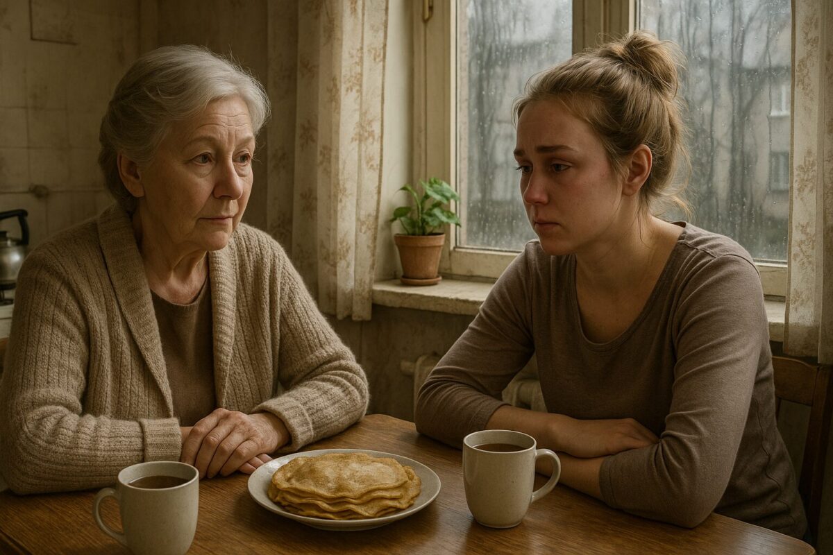 Пожилая женщина и молодая женщина сидят за столом на старой кухне, между ними — тарелка с блинами и чашки чая. За окном идёт дождь, выражения лиц — усталые и серьёзные.