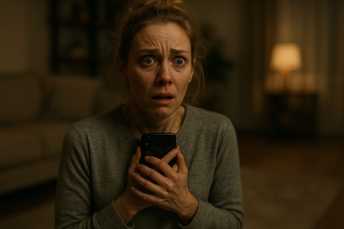 Женщина в домашней одежде с тревожным выражением лица прижимает телефон к груди. Вечернее освещение, фон — уютная, но слегка размытая комната. На лице — шок и отчаяние.