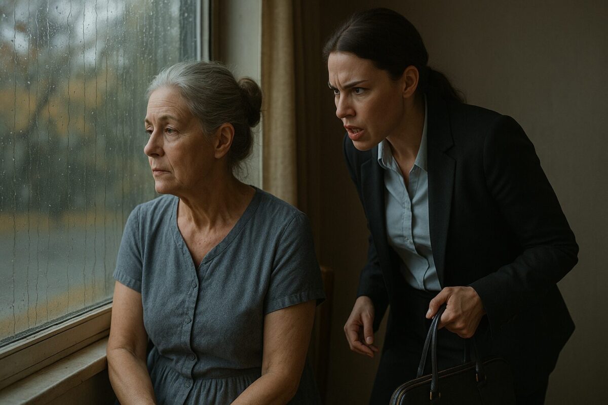 Две женщины в комнате у окна в пасмурную погоду. Пожилая женщина с седыми волосами и тонкими чертами лица задумчиво смотрит в окно, сидя на стуле в сером домашнем платье. Рядом стоит молодая женщина в чёрном офисном костюме, с выражением раздражения, наклонившись вперёд и сжимая сумку в руке. Атмосфера напряжённая, за окном — дождь.