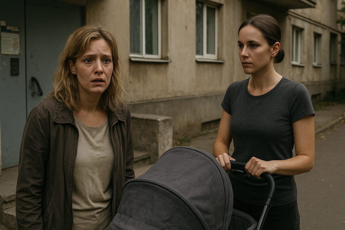 На фото две женщины у подъезда типового многоквартирного дома. Одна — светловолосая, усталая, в повседневной одежде, выглядит растерянной и обеспокоенной. Вторая — аккуратная, ухоженная, сдержанная, стоит рядом с детской коляской, на лице решимость и усталость. Атмосфера сцены напряжённая, в воздухе ощущается тревога и предчувствие перемен, всё вокруг будто застыло в ожидании.