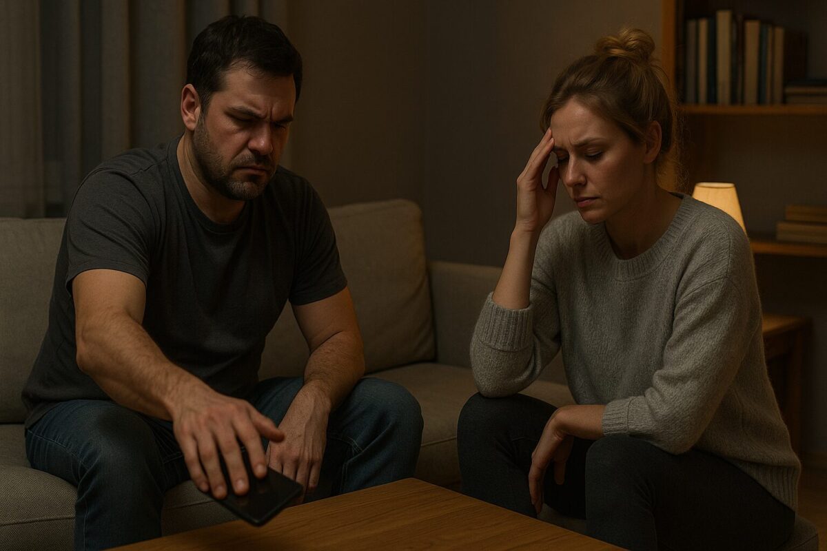 Alt: Мужчина около 40 лет, крепкого телосложения, с тёмными волосами и лёгкой небритостью, раздражённо бросает телефон на стол в тускло освещённой гостиной.