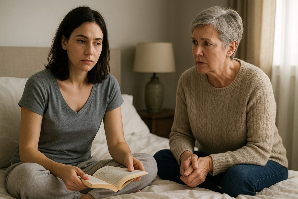 Молодая женщина с тёмными волосами и задумчивым взглядом сидит с книгой на кровати. Рядом на краю кровати — её мать с короткой седой стрижкой и тревогой в глазах, она слегка наклонилась вперёд, выражая беспокойство и заботу. В комнате мягкий естественный свет, атмосфера напряжённая и немного тревожная.