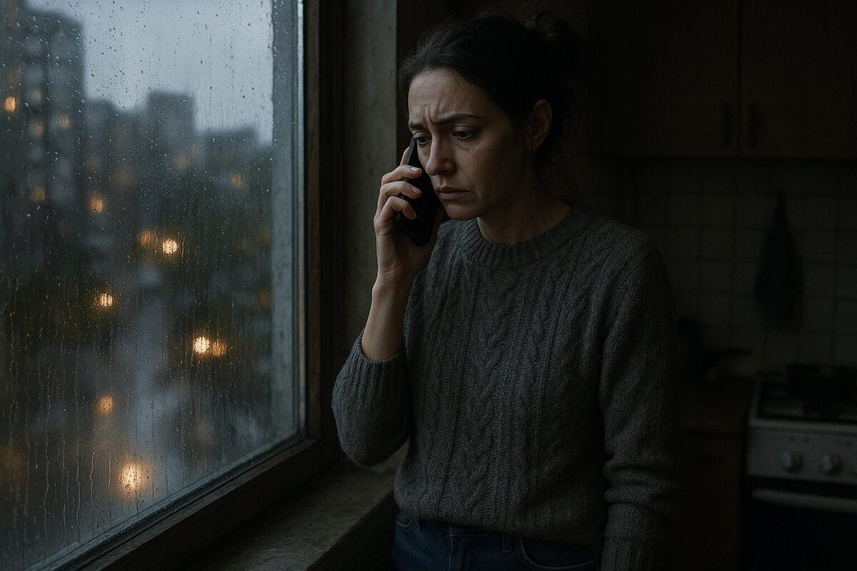 Женщина около 35 лет стоит у окна маленькой, полутёмной кухни. Она в сером вязаном свитере и джинсах, волосы собраны в небрежный пучок. В руке — телефон, которым она прижимается к уху, пальцы побелели от напряжения. За окном — осенний дождь и размытые огни города. Взгляд женщины усталый и тревожный, на лице отражается внутренняя борьба и одиночество.