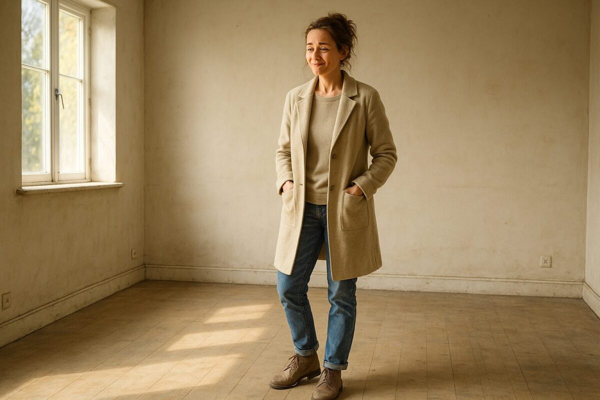 Худощавая женщина около 35 лет в светлом пальто, джинсах и удобных ботинках стоит в пустой, но светлой комнате у окна. На её лице — усталость, смешанная с тихой радостью и облегчением. В помещении мягкий солнечный свет, вокруг ощущение лёгкой заброшенности и новизны.