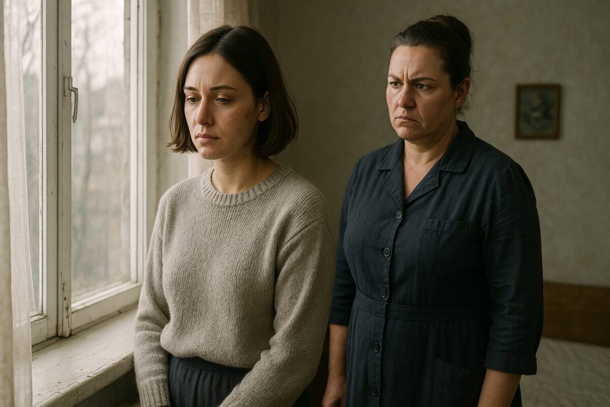 Молодая женщина с короткими волосами и усталым лицом стоит у окна, задумчиво смотрит наружу. За её спиной — женщина постарше, крепкого телосложения, со строгим взглядом и собранными в пучок волосами, одетая в тёмное домашнее платье. В комнате ощущается напряжённая атмосфера: давление, усталость, лёгкий укор.
