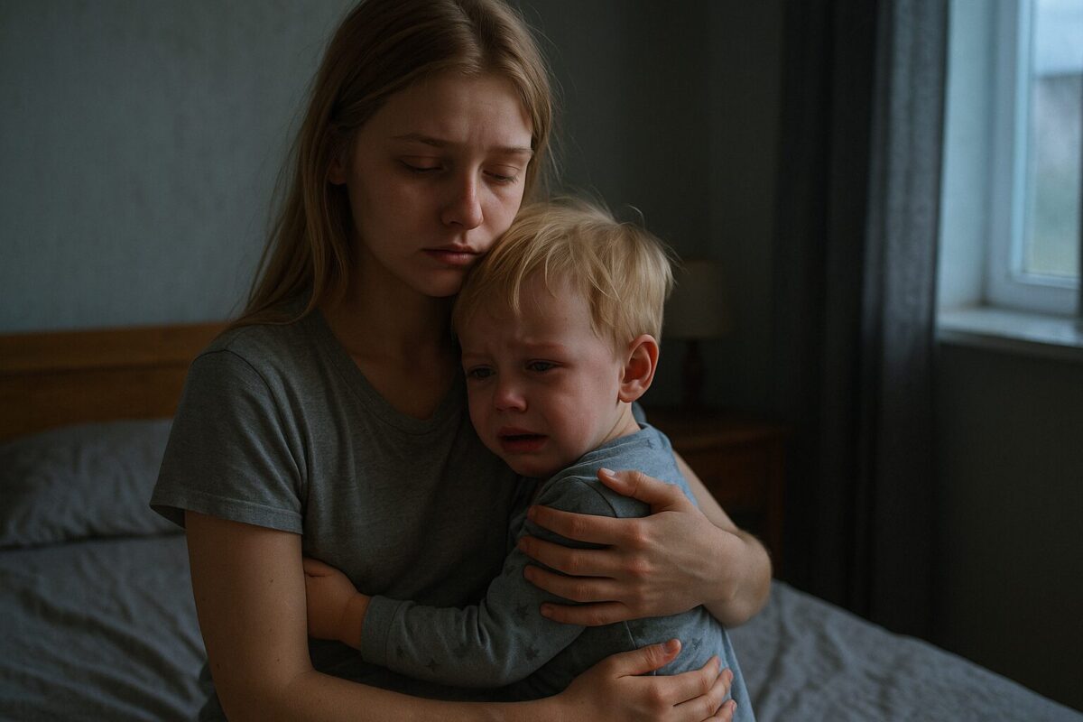 Девушка-подросток с усталым лицом держит на руках маленького светловолосого мальчика в пижаме. Он только что плакал, его глаза красные, щеки мокрые. Комната тускло освещена рассветным светом из окна, обстановка простая, на фоне видна кровать и тумбочка. Атмосфера сцены — тяжёлая, наполненная заботой и внутренней опустошённостью.