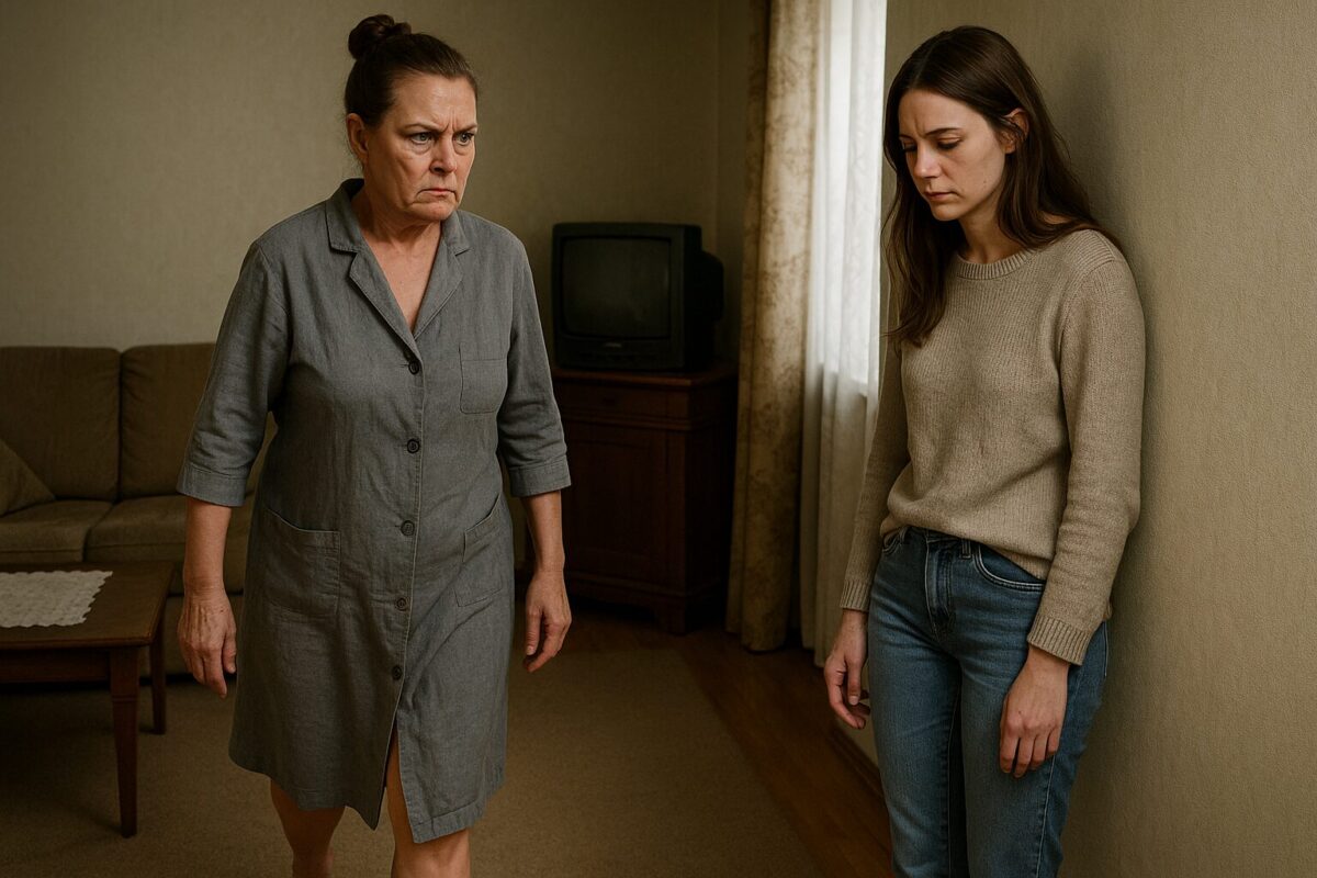В комнате стоит пожилая женщина в сером халате с гневным выражением лица, рядом у стены — молодая женщина в джинсах и свитере, опустившая взгляд. Атмосфера напряжённая.