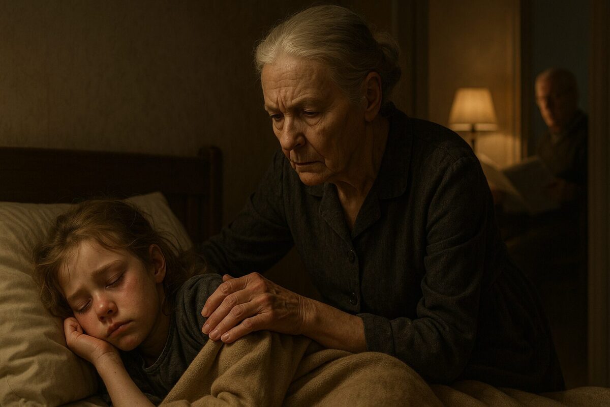 Пожилая женщина поправляет одеяло на спящей внучке, в тёпло освещённой комнате. На лице девочки — следы слёз. Вдалеке — силуэт мужчины с газетой и обеспокоенным взглядом.