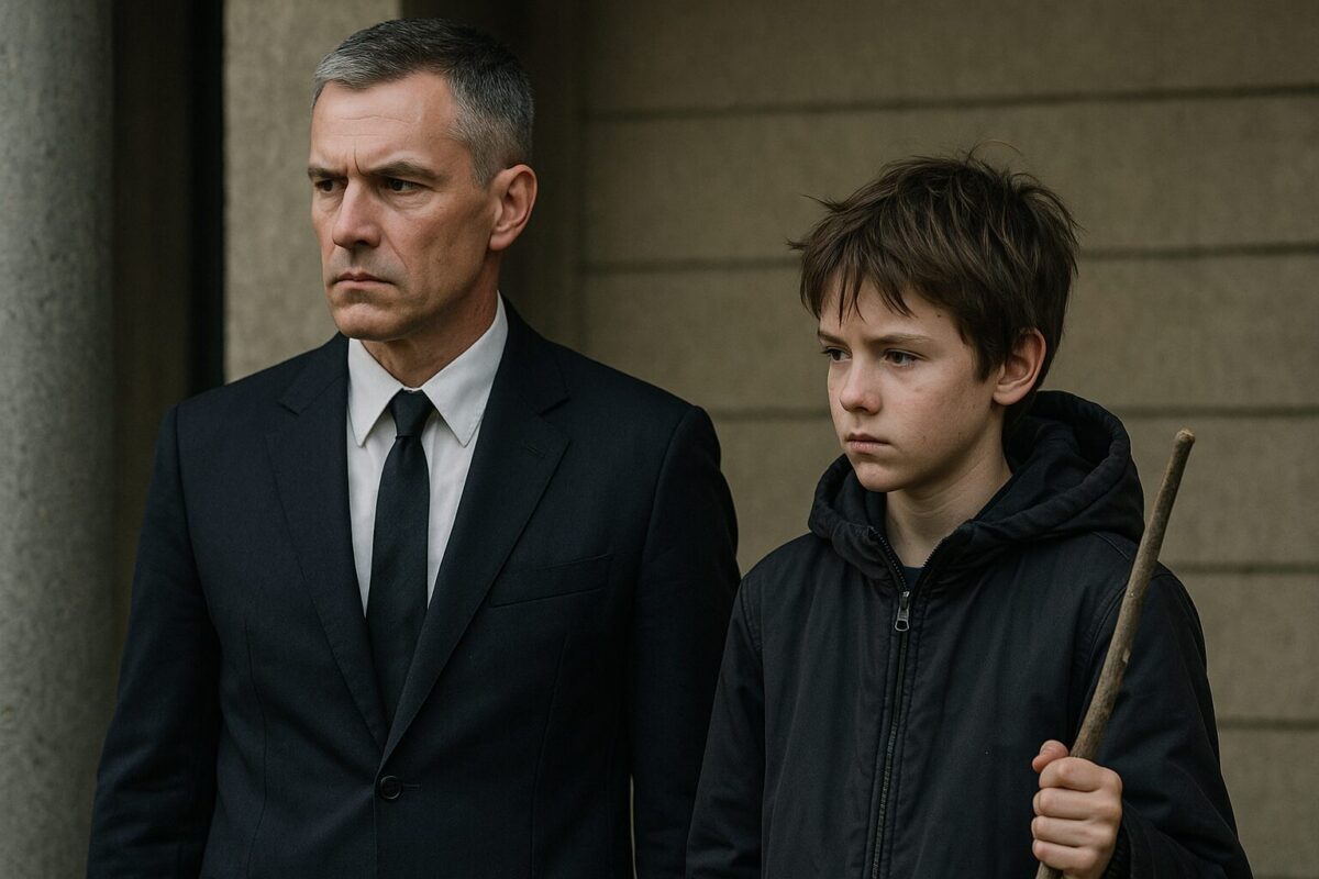 Мужчина в строгом чёрном костюме и мальчик в тёмной зимней куртке стоят рядом, оба с серьёзными лицами. Мальчик держит в руке палку. Между ними ощущается эмоциональная дистанция. На фоне — холодная серая стена.
