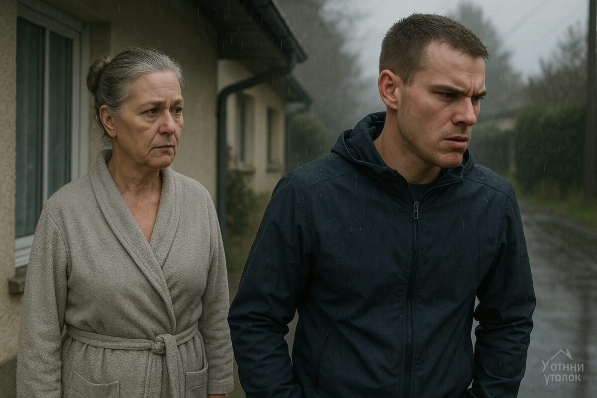Пожилая женщина в сером халате стоит под дождём у дома и с тревогой смотрит вслед молодому мужчине в тёмной куртке, который уходит прочь с раздражённым выражением лица. Сцена пропитана холодной, тягостной атмосферой надвигающейся разлуки. В правом нижнем углу — водяной знак «Уютный уголок».