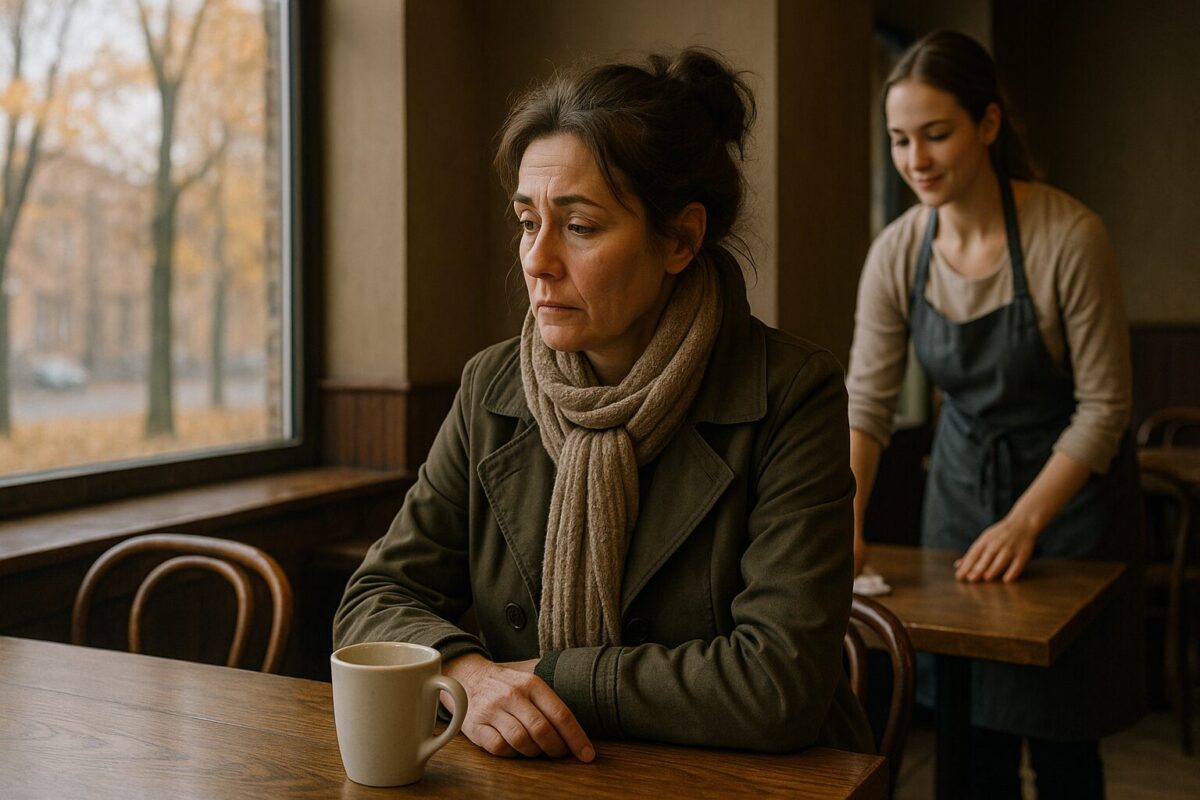 Женщина средних лет сидит одна за столиком в кафе, задумчиво глядя в окно. Осенний пейзаж за окном, на заднем плане официантка с доброжелательной улыбкой протирает соседний стол. Атмосфера — тихая, немного грустная.