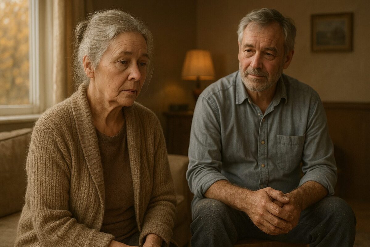 Пожилая женщина с седыми волосами и усталым взглядом сидит на диване рядом с мужчиной с добродушным лицом, в домашней обстановке с тёплым светом лампы и осенним видом за окном.
