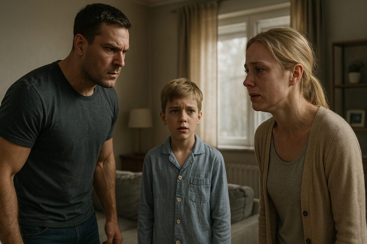 В комнате с мягким дневным светом мужчина с напряжённым выражением лица склоняется вперёд, женщина со слезами на глазах смотрит в сторону, между ними — мальчик в пижаме с тревожным взглядом. Атмосфера — накал, тревога, ссора.