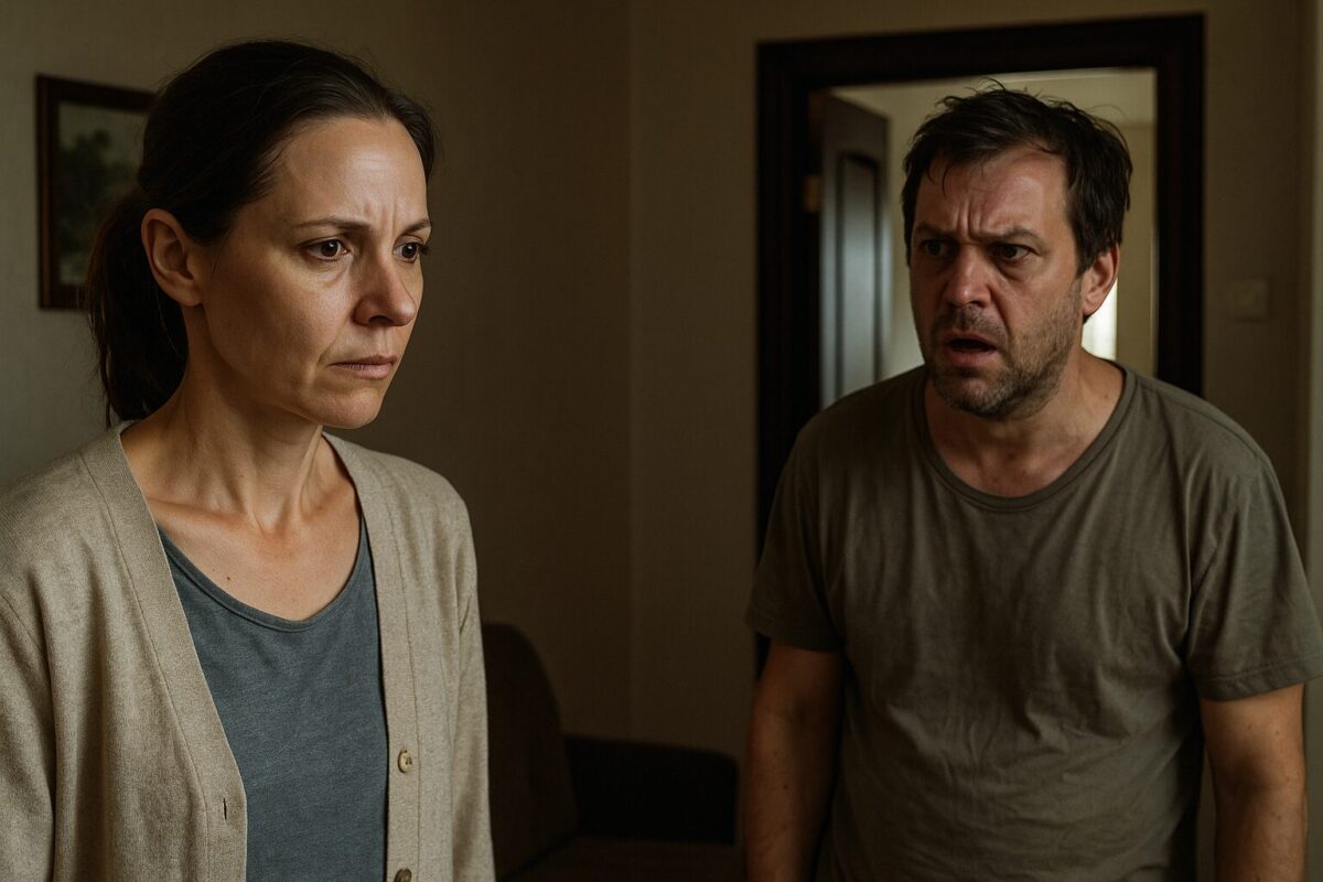 Светлана и Виктор в напряжённой ссоре в домашней обстановке; на заднем плане — силуэт уверенной женщины в белом пальто, создающий драматический контраст.