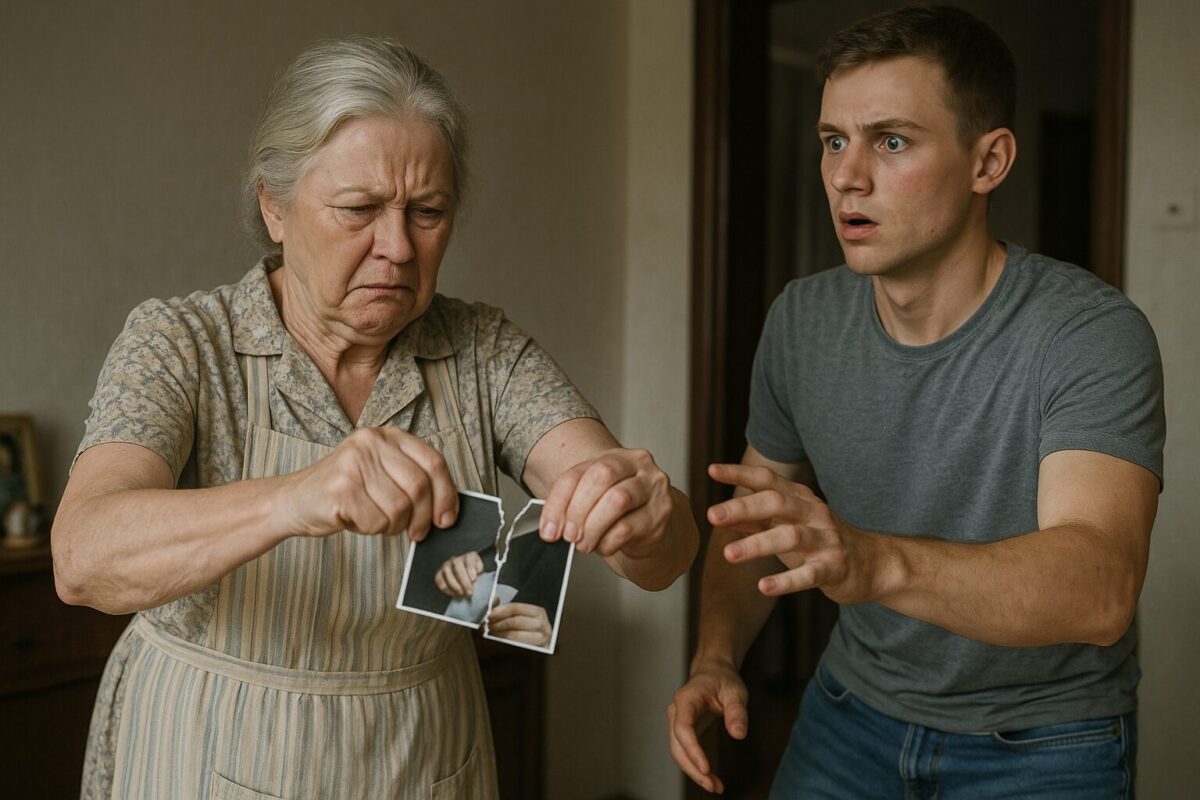 Пожилая женщина со слезами на глазах рвёт фотографию, а молодой мужчина в шоке тянется к ней, на его щеке — след от пощёчины. Атмосфера напряжённая, момент конфликта застыл в воздухе.