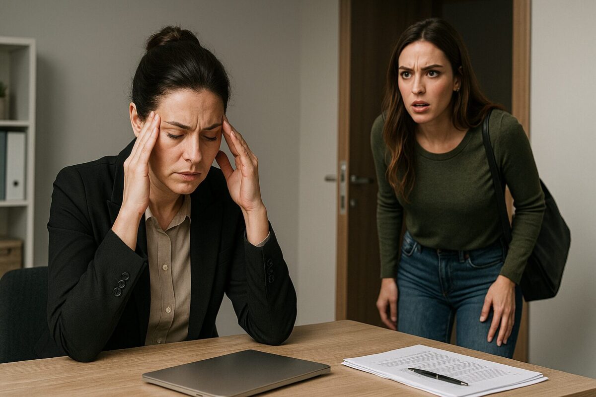 Две женщины в офисе в напряжённой сцене: одна (Марина) сидит за столом, массируя виски, на лице усталость; другая (Ира) стоит у двери, наклонившись вперёд, с мольбой и раздражением во взгляде.