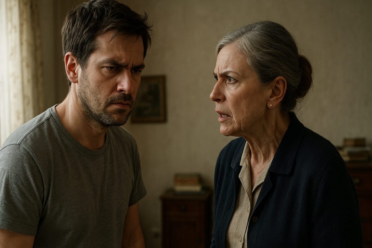 Уставший мужчина с раздражением смотрит на строгую пожилую женщину, которая говорит ему что-то с тревогой и упрёком. Атмосфера напряжённая, как перед ссорой.