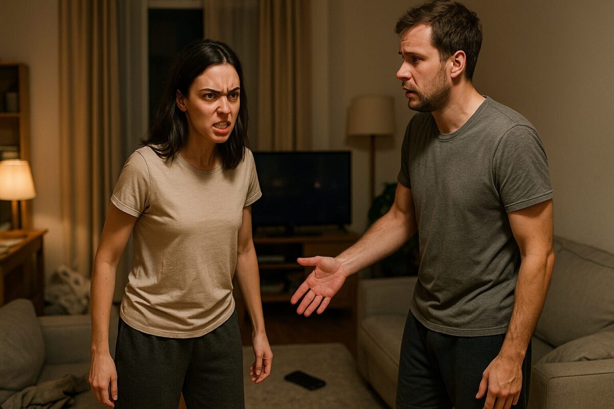 Вечерняя сцена в гостиной — женщина в домашней одежде с гневным выражением лица стоит перед мужчиной, который выглядит растерянным и протягивает к ней руку; на диване беспорядок, на полу — телефон.