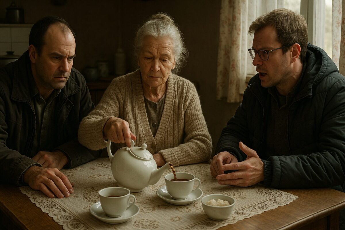 Пожилая женщина в вязаном кардигане наливает чай за кухонным столом в деревенском доме, рядом сидят два мужчины средних лет с напряжёнными лицами; один барабанит пальцами по столу, другой говорит с беспокойством. На заднем плане — уютная обстановка с печкой, кружевной скатертью и занавесками.