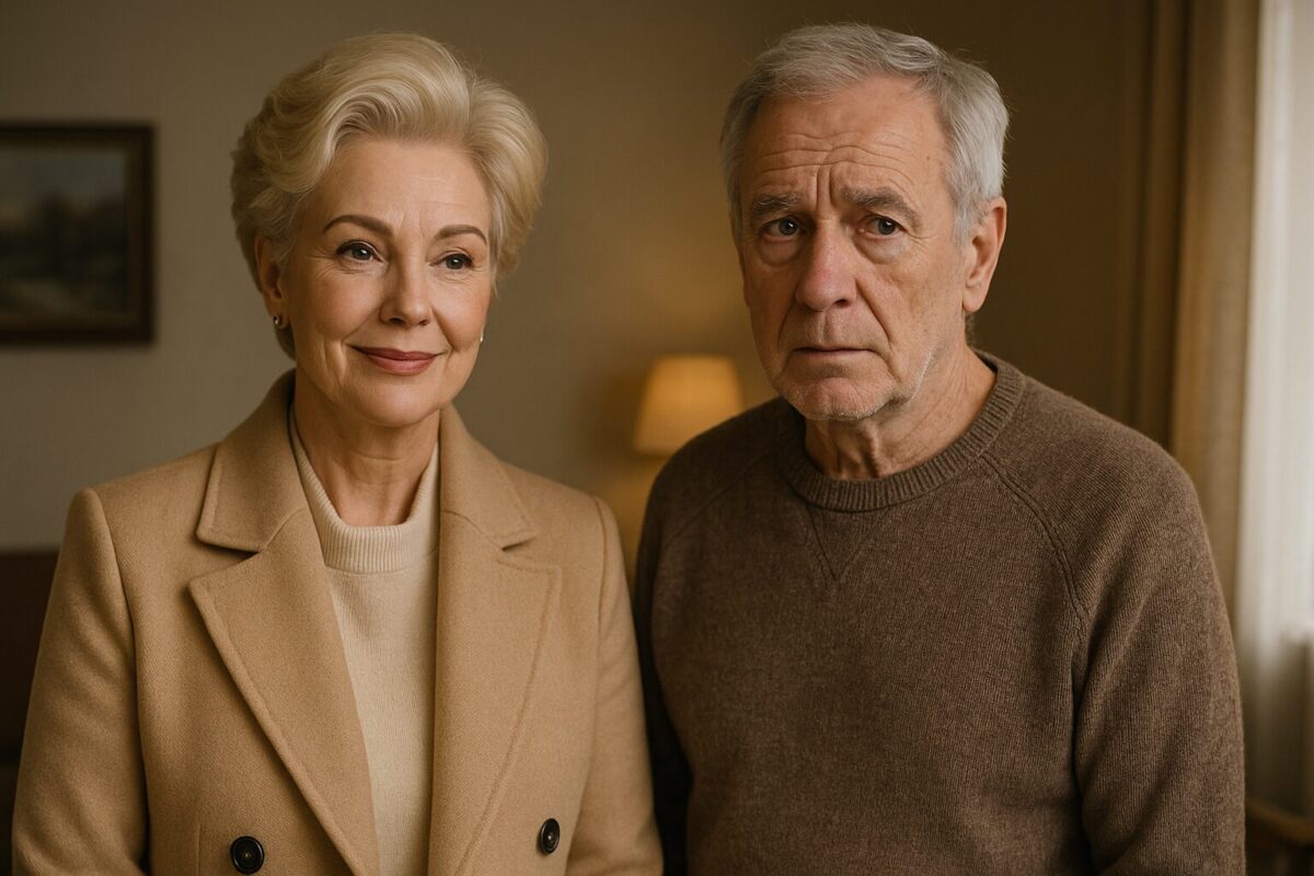 Пожилая женщина в стильном пальто с лёгкой улыбкой и ухоженной внешностью стоит рядом с мужчиной в домашнем свитере, на лице которого читается тревога. Тёплый, уютный интерьер с мягким освещением создаёт атмосферу семейного покоя с лёгким налётом напряжения.