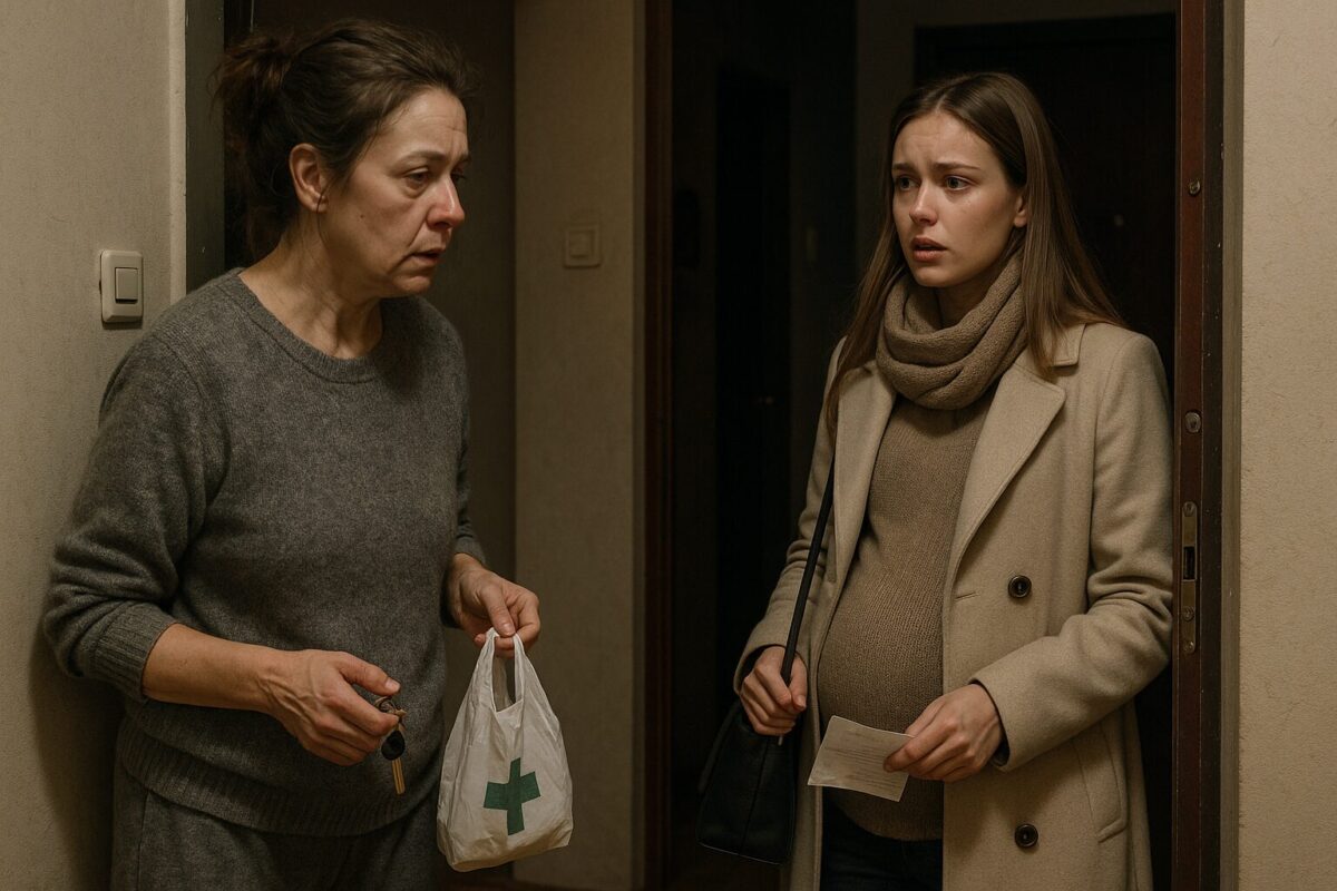 Уставшая женщина в домашней одежде с аптечным пакетом и ключами в руках стоит в прихожей, напротив неё — молодая беременная девушка в светлом пальто с тревожным выражением лица. Атмосфера напряжённая, как перед важным разговором.