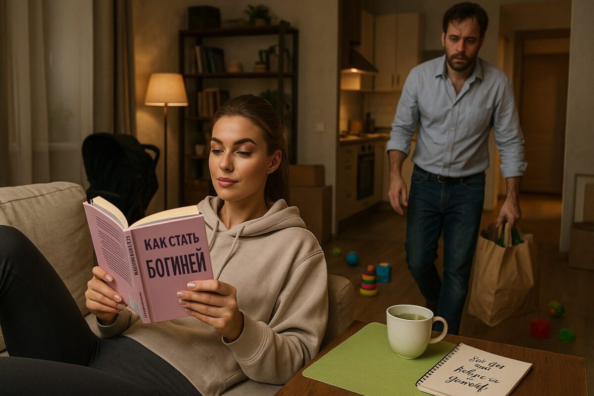 Молодая женщина лежит на диване в уютной гостиной, читает книгу «Как стать богиней». На заднем плане мужчина с уставшим видом несёт пакет с продуктами, на полу разбросаны детские игрушки. Атмосфера — контраст спокойствия и усталости.