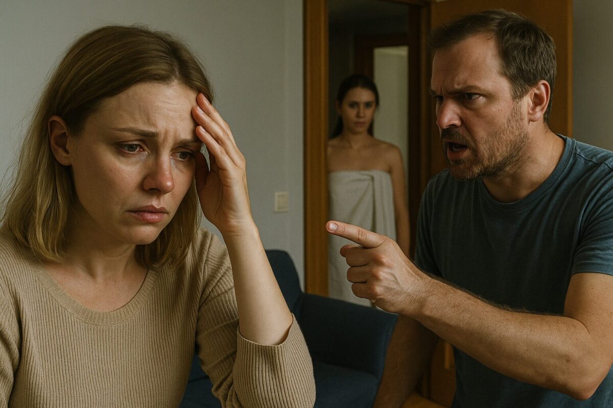 Ссора в семье: расстроенная женщина держится за голову, на неё кричит мужчина, а на заднем плане стоит молодая девушка в полотенце, наблюдая за сценой.